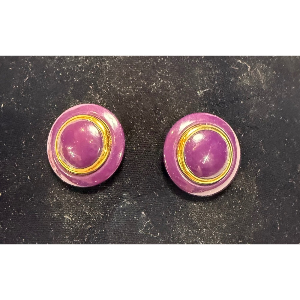 Vintage Purple Gold Tone Button Stud Earrings Round Resin 1 Inch Retro Statement